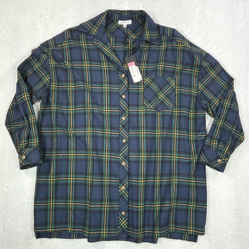 Gianni Bini Womens Blue Green Plaid Button Down Shirt Oversized Cotton M NEW
